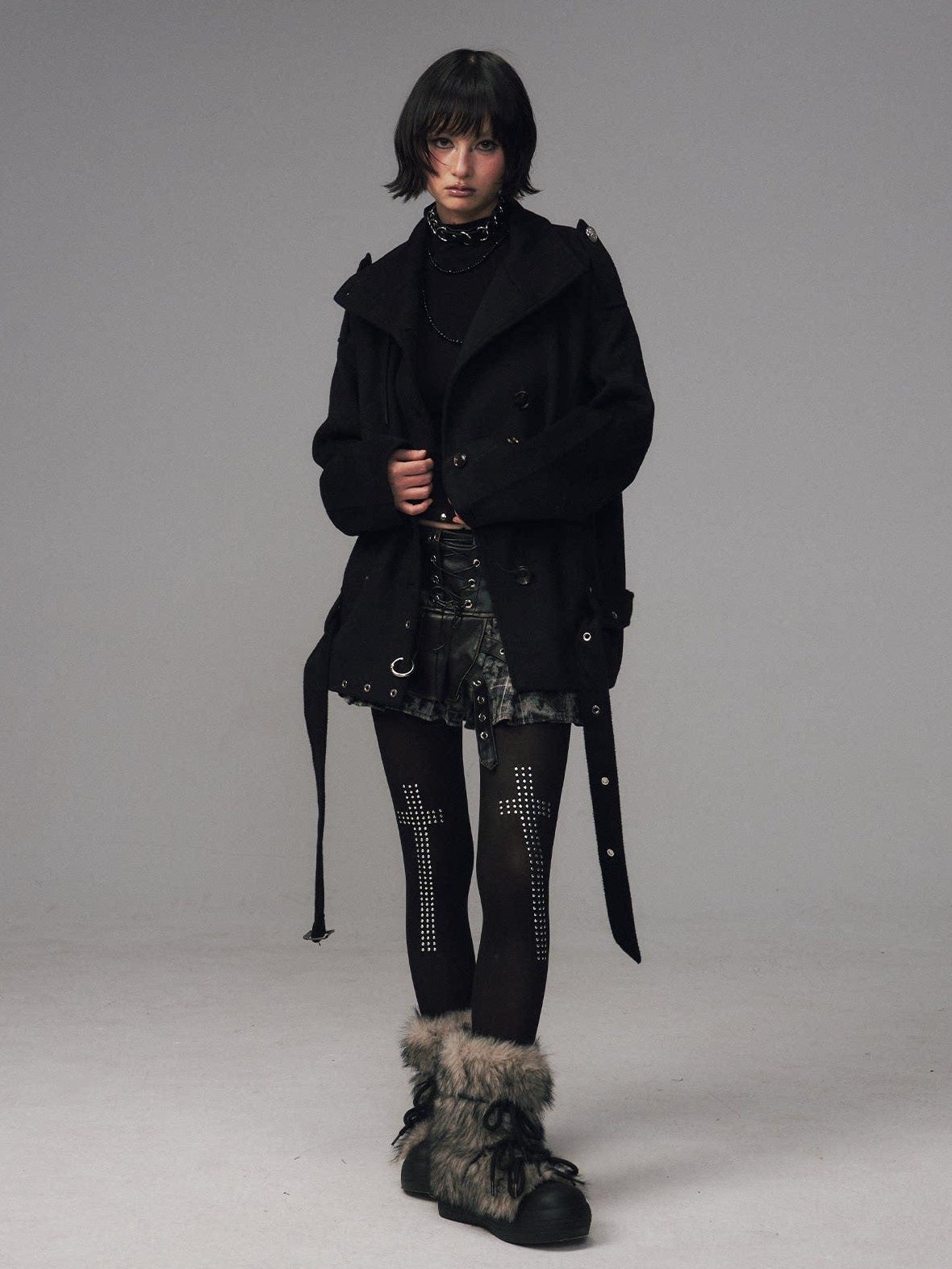 Frustration Garden Wool Blend Asymmetrical Double Breasted Loose Fit Commuter Black Short Coats