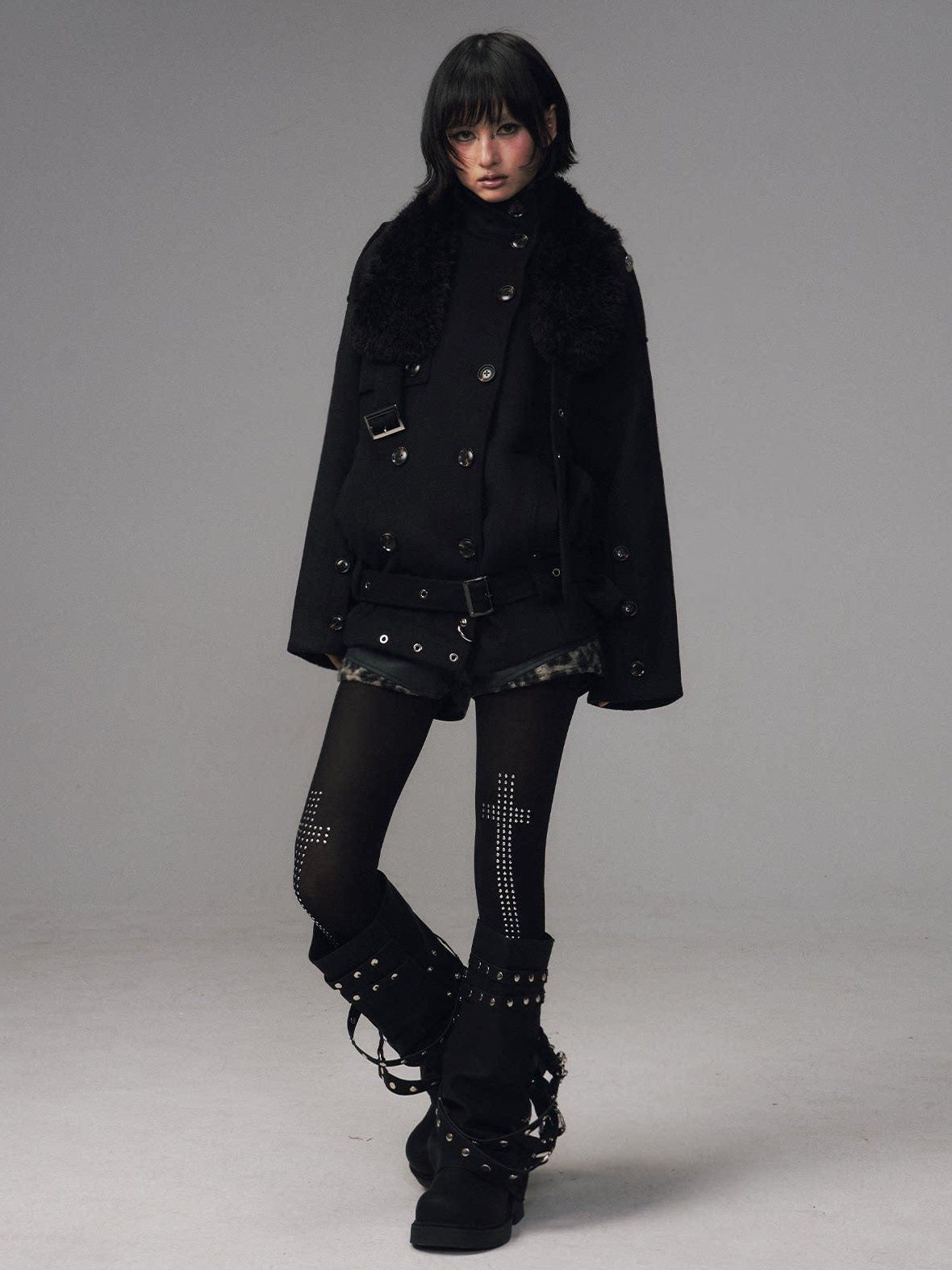 Frustration Garden Wool Blend Asymmetrical Double Breasted Loose Fit Commuter Black Short Coats