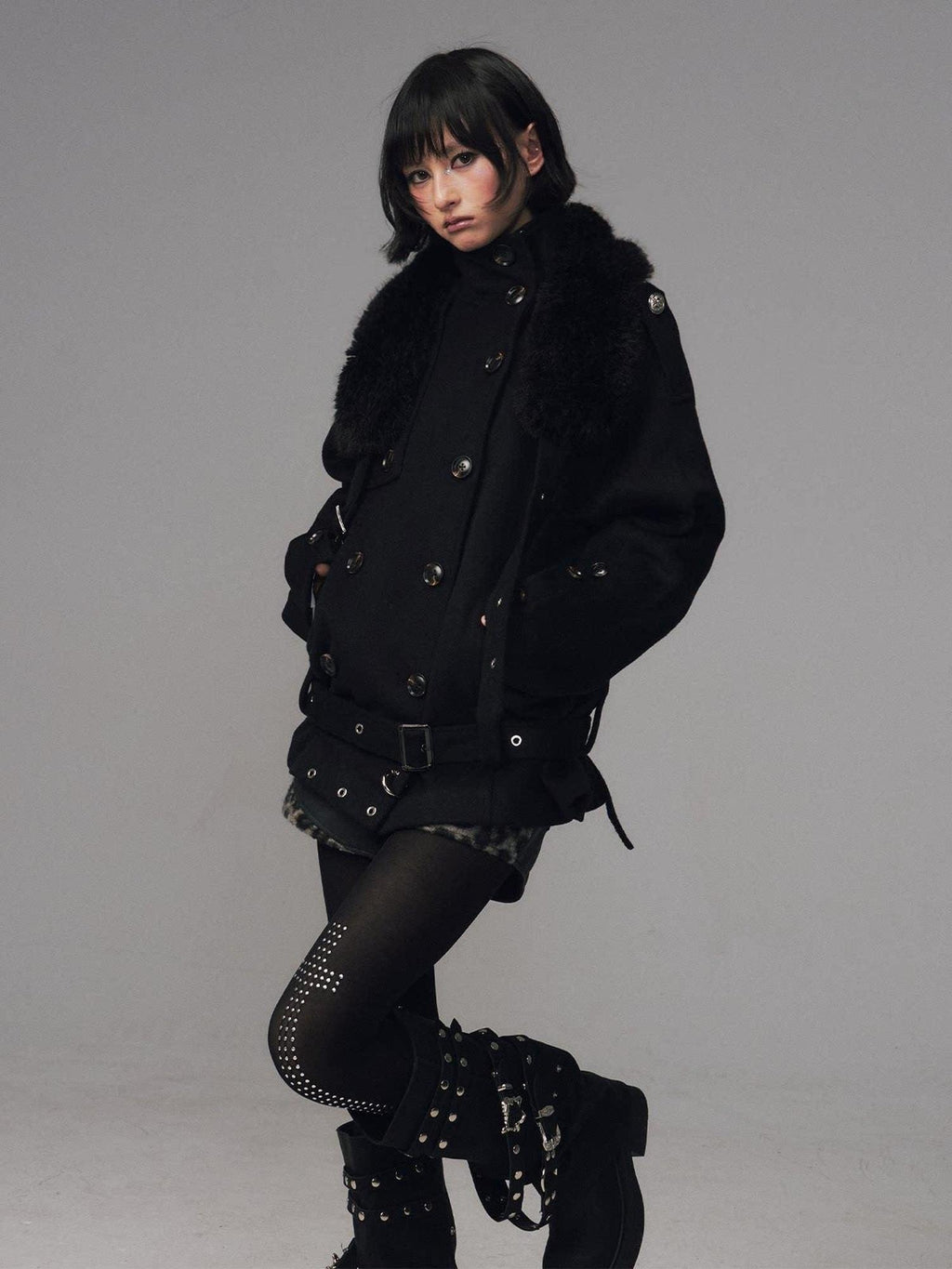 Frustration Garden Wool Blend Asymmetrical Double Breasted Loose Fit Commuter Black Short Coats