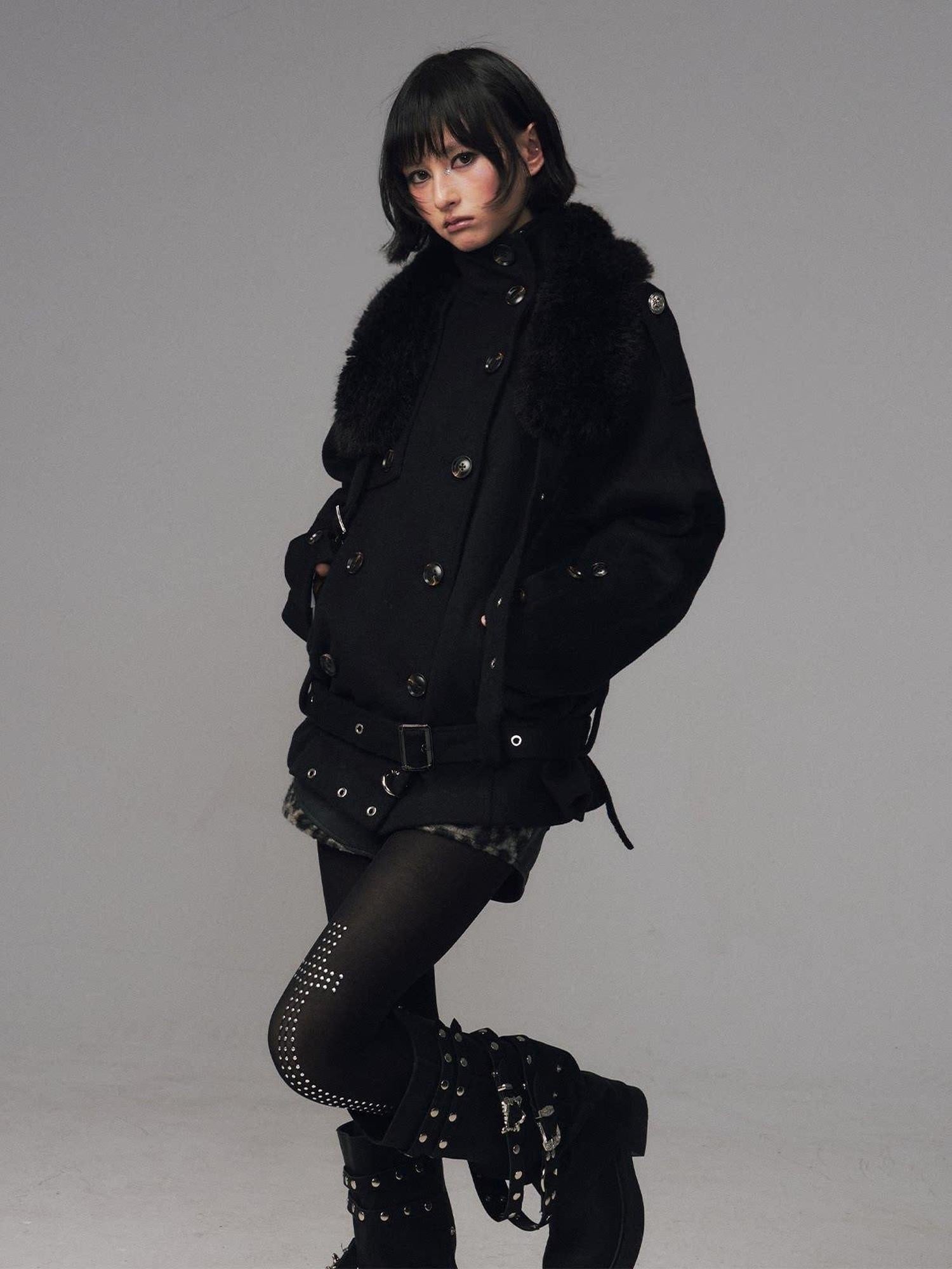 Frustration Garden Wool Blend Asymmetrical Double Breasted Loose Fit Commuter Black Short Coats