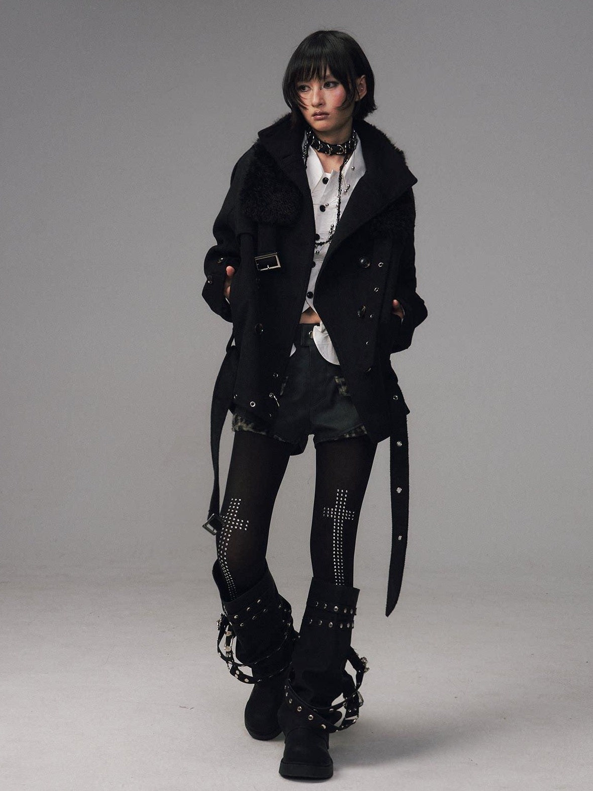 Frustration Garden Wool Blend Asymmetrical Double Breasted Loose Fit Commuter Black Short Coats