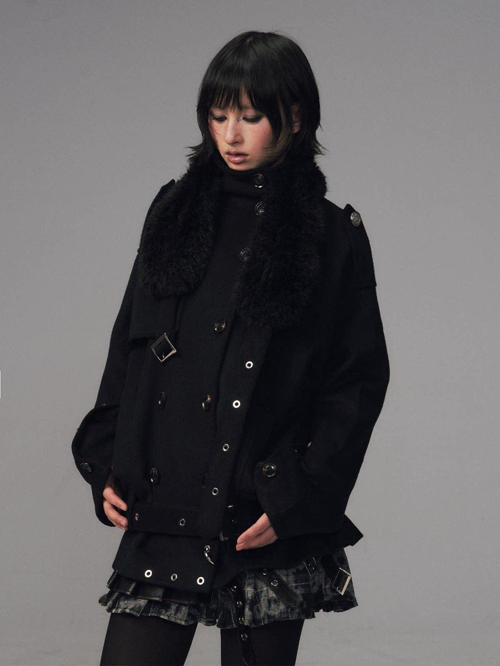 Frustration Garden Wool Blend Asymmetrical Double Breasted Loose Fit Commuter Black Short Coats