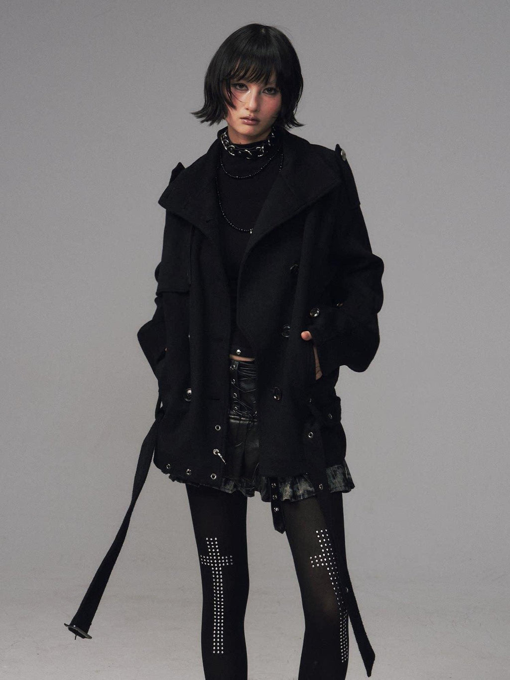 Frustration Garden Wool Blend Asymmetrical Double Breasted Loose Fit Commuter Black Short Coats