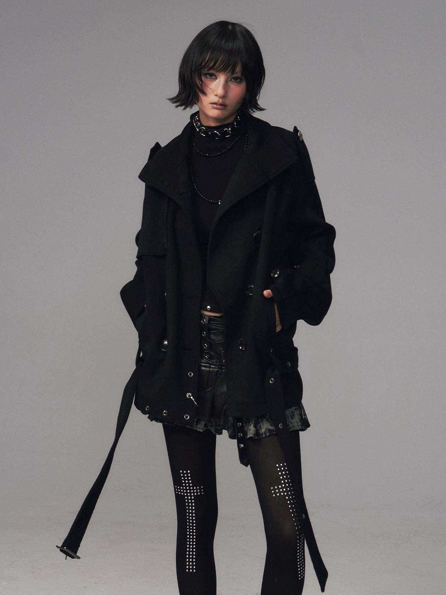 Frustration Garden Wool Blend Asymmetrical Double Breasted Loose Fit Commuter Black Short Coats