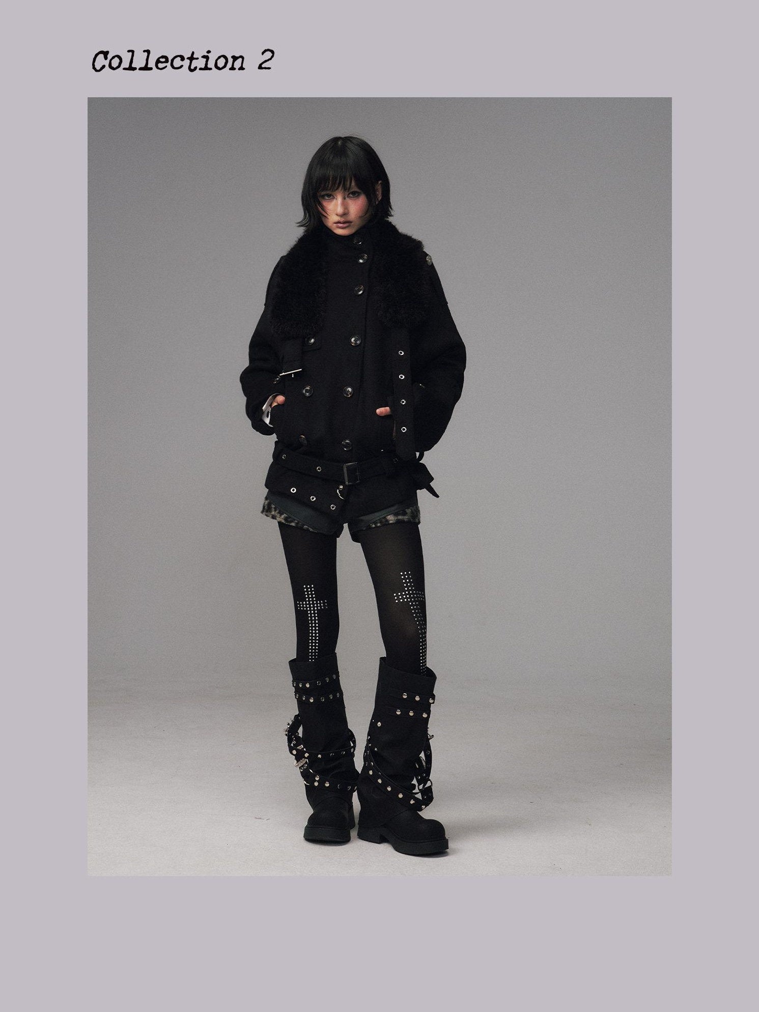 Frustration Garden Wool Blend Asymmetrical Double Breasted Loose Fit Commuter Black Short Coats