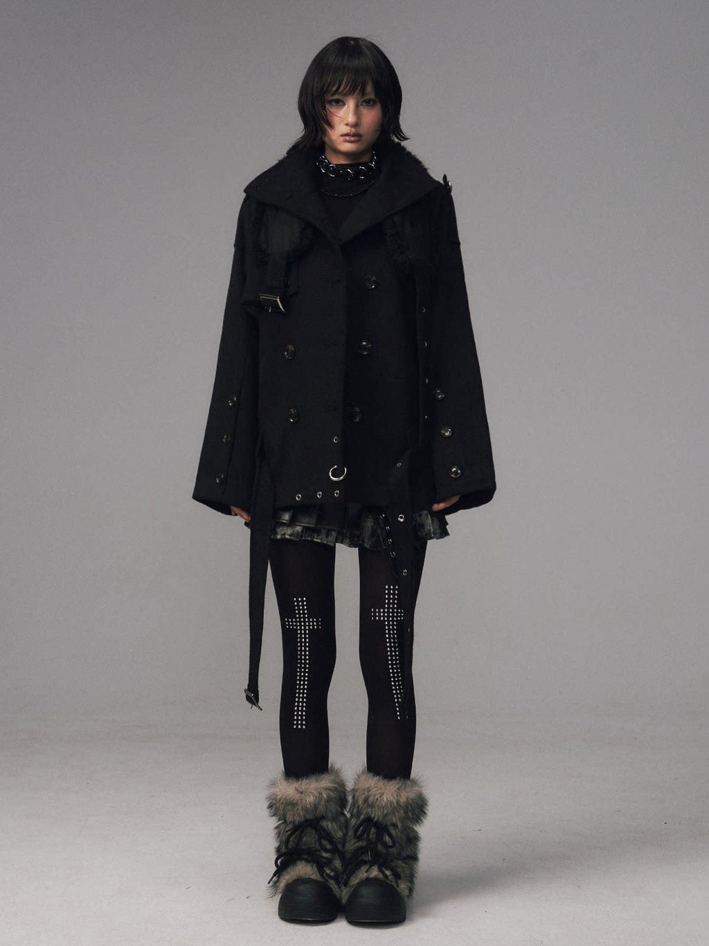 Frustration Garden Wool Blend Asymmetrical Double Breasted Loose Fit Commuter Black Short Coats
