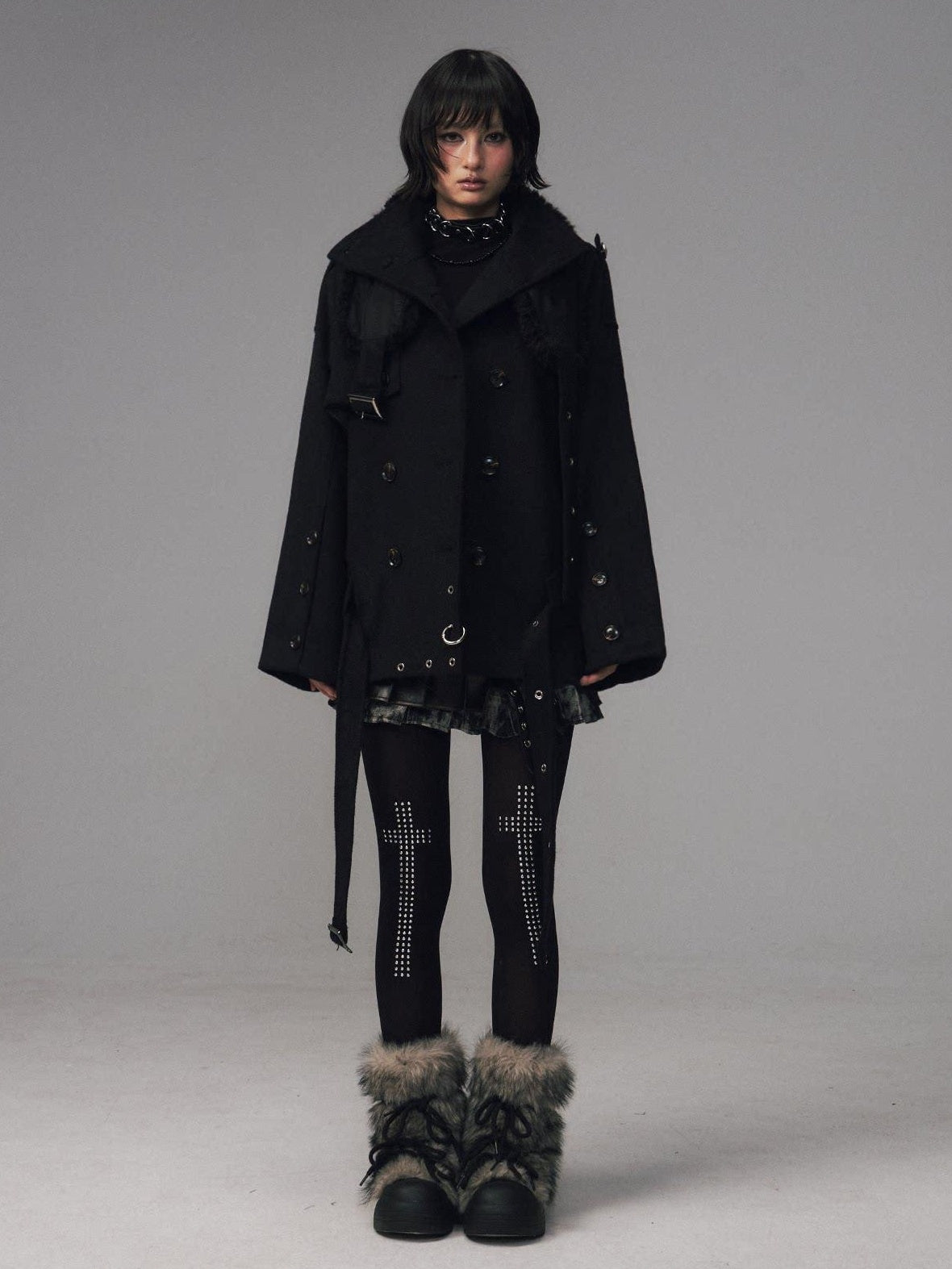 Frustration Garden Wool Blend Asymmetrical Double Breasted Loose Fit Commuter Black Short Coats