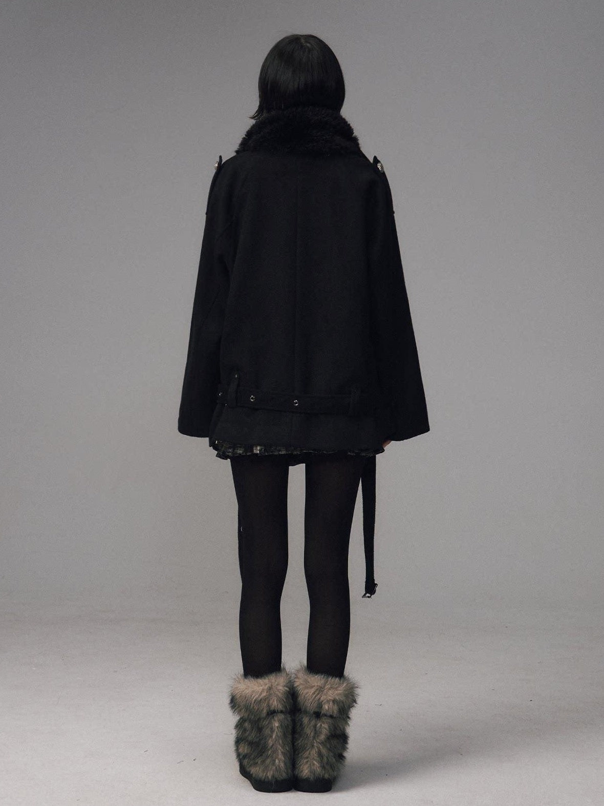Frustration Garden Wool Blend Asymmetrical Double Breasted Loose Fit Commuter Black Short Coats