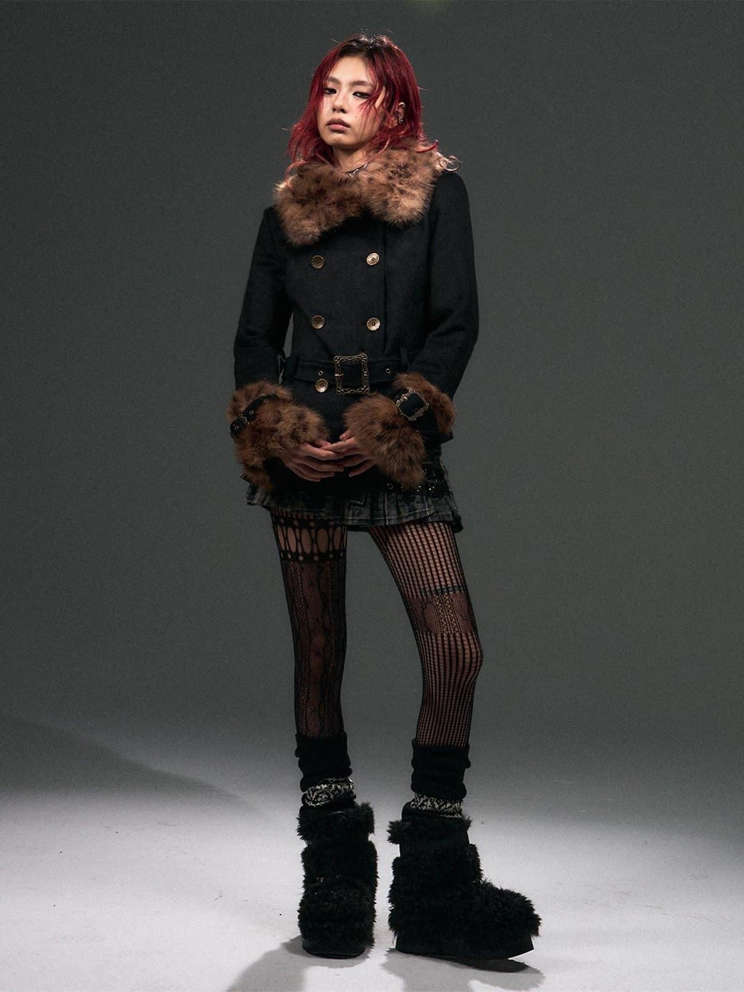 Frustration Garden Wool Blend Belted Fur Collar Vintage Leopard Double Breasted Short Coats