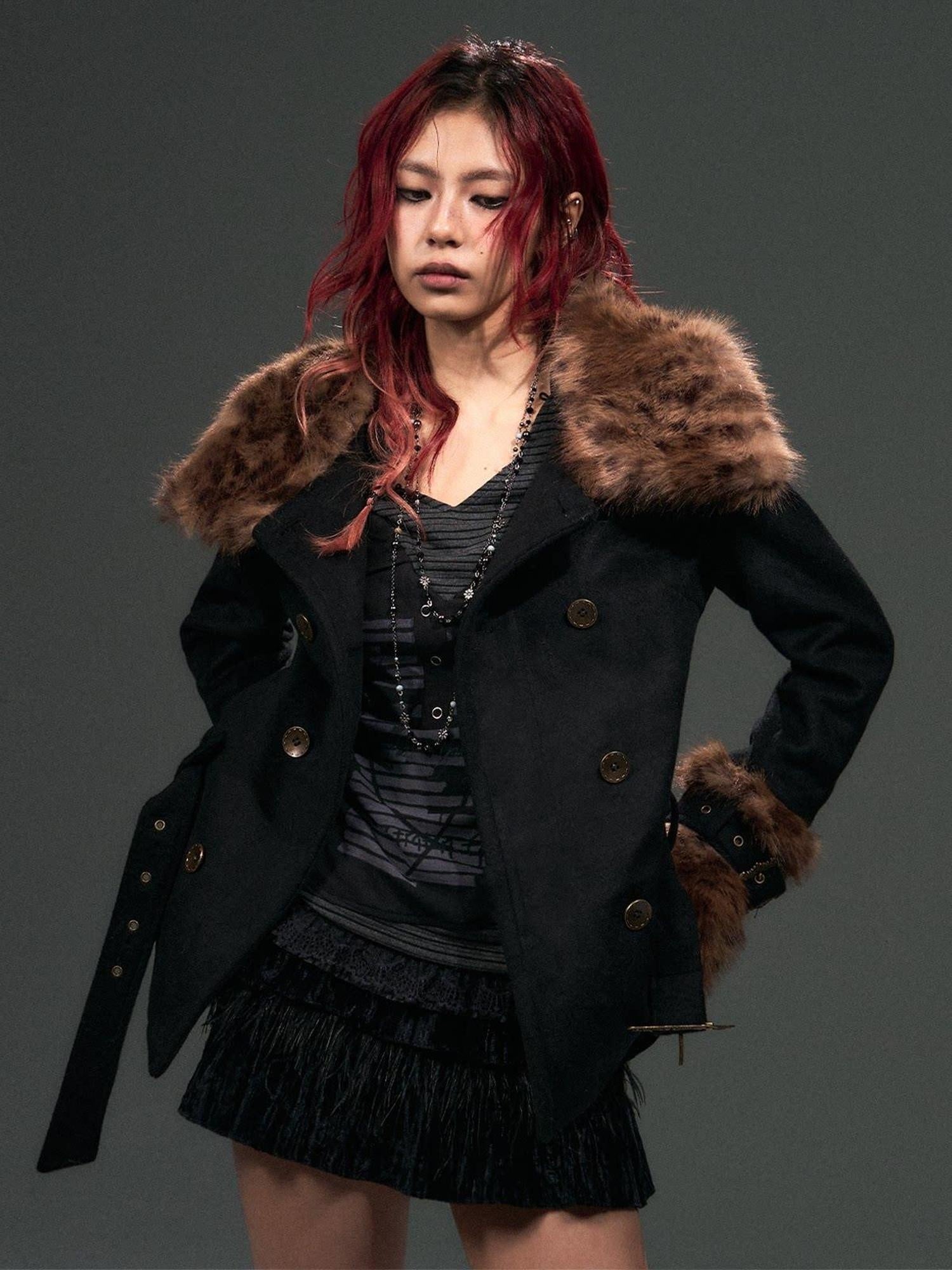 Frustration Garden Wool Blend Belted Fur Collar Vintage Leopard Double Breasted Short Coats