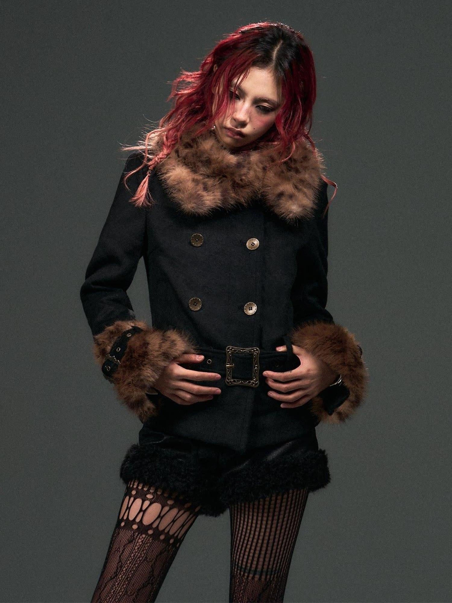 Frustration Garden Wool Blend Belted Fur Collar Vintage Leopard Double Breasted Short Coats