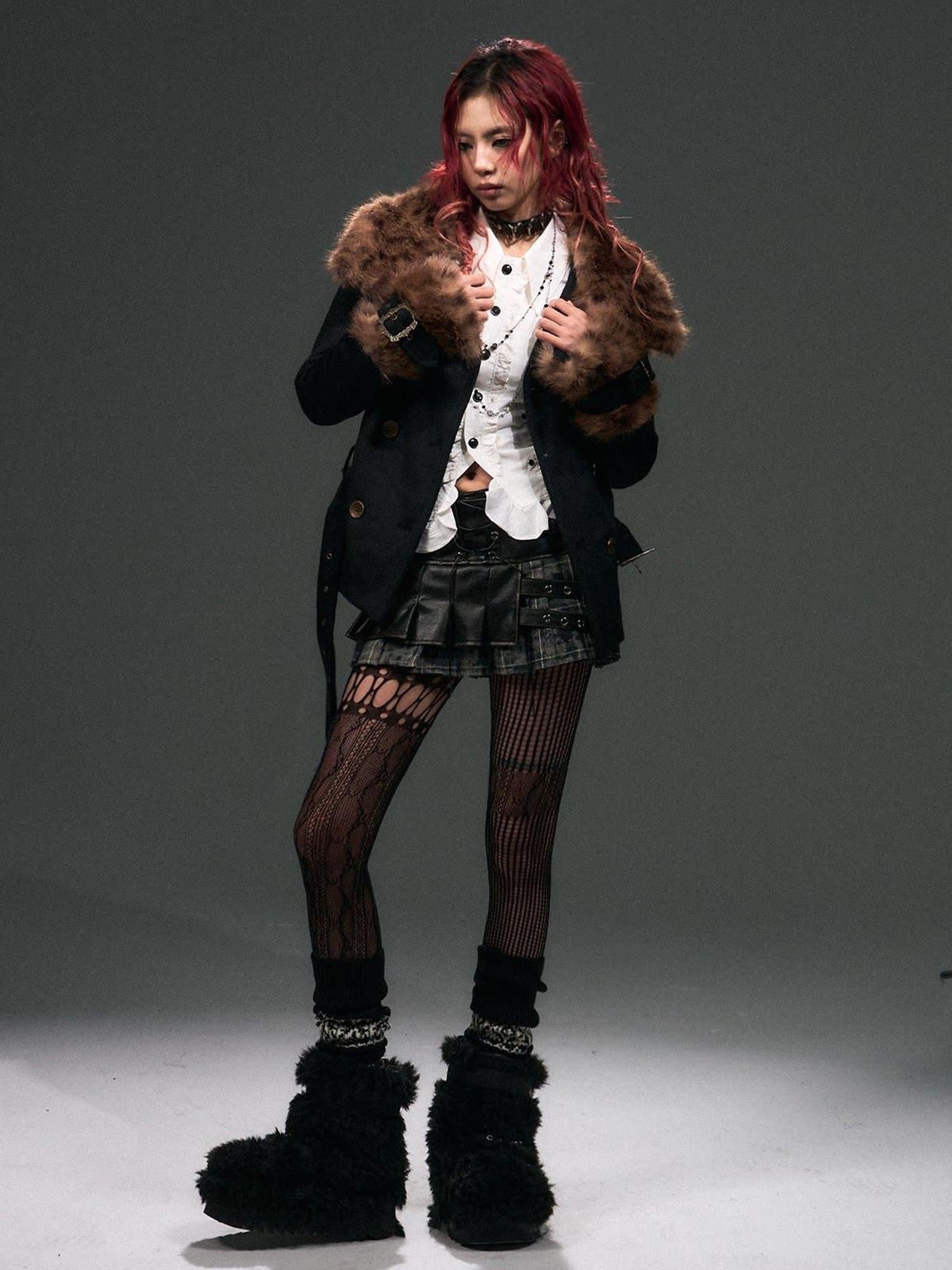 Frustration Garden Wool Blend Belted Fur Collar Vintage Leopard Double Breasted Short Coats