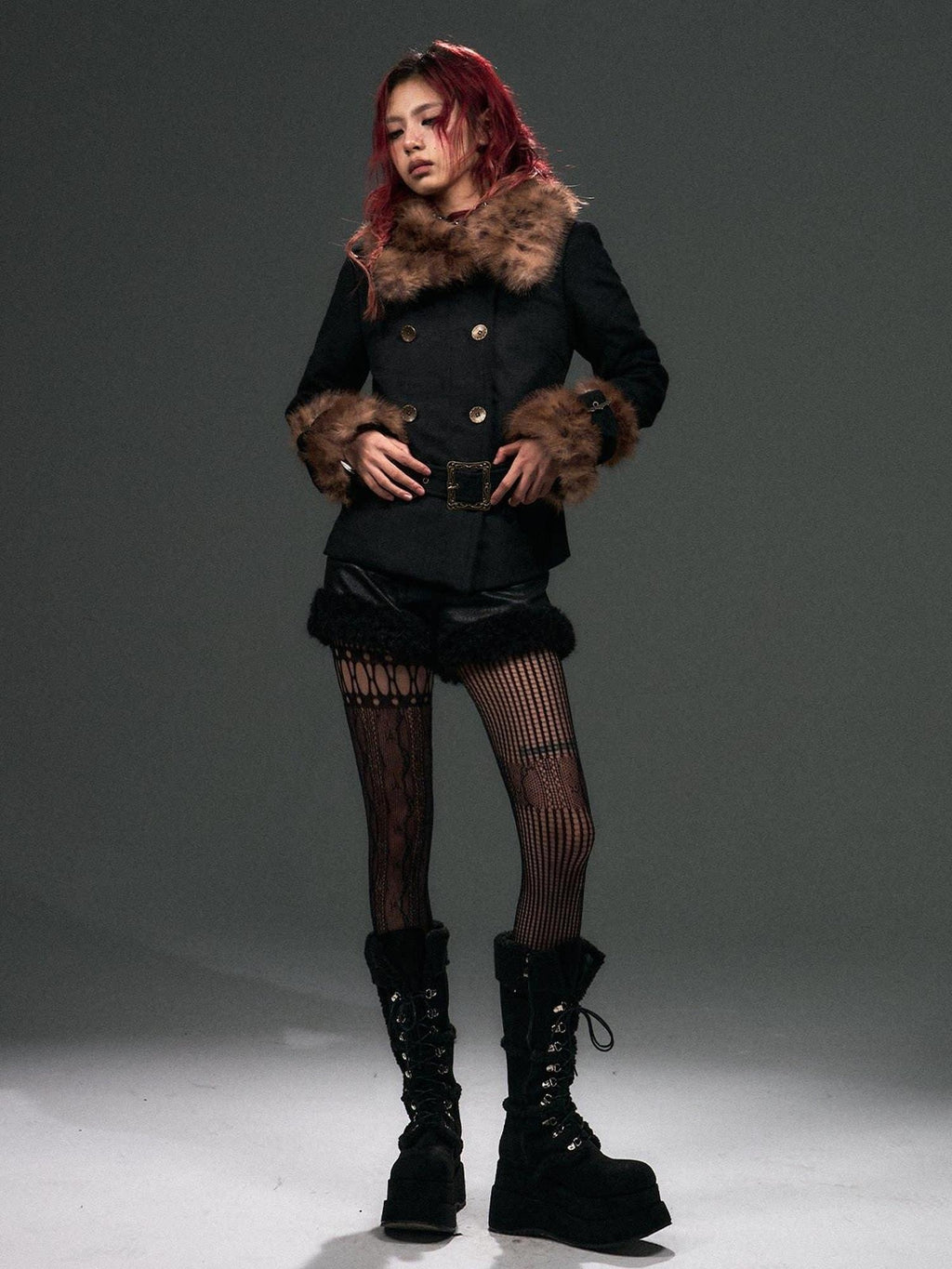 Frustration Garden Wool Blend Belted Fur Collar Vintage Leopard Double Breasted Short Coats
