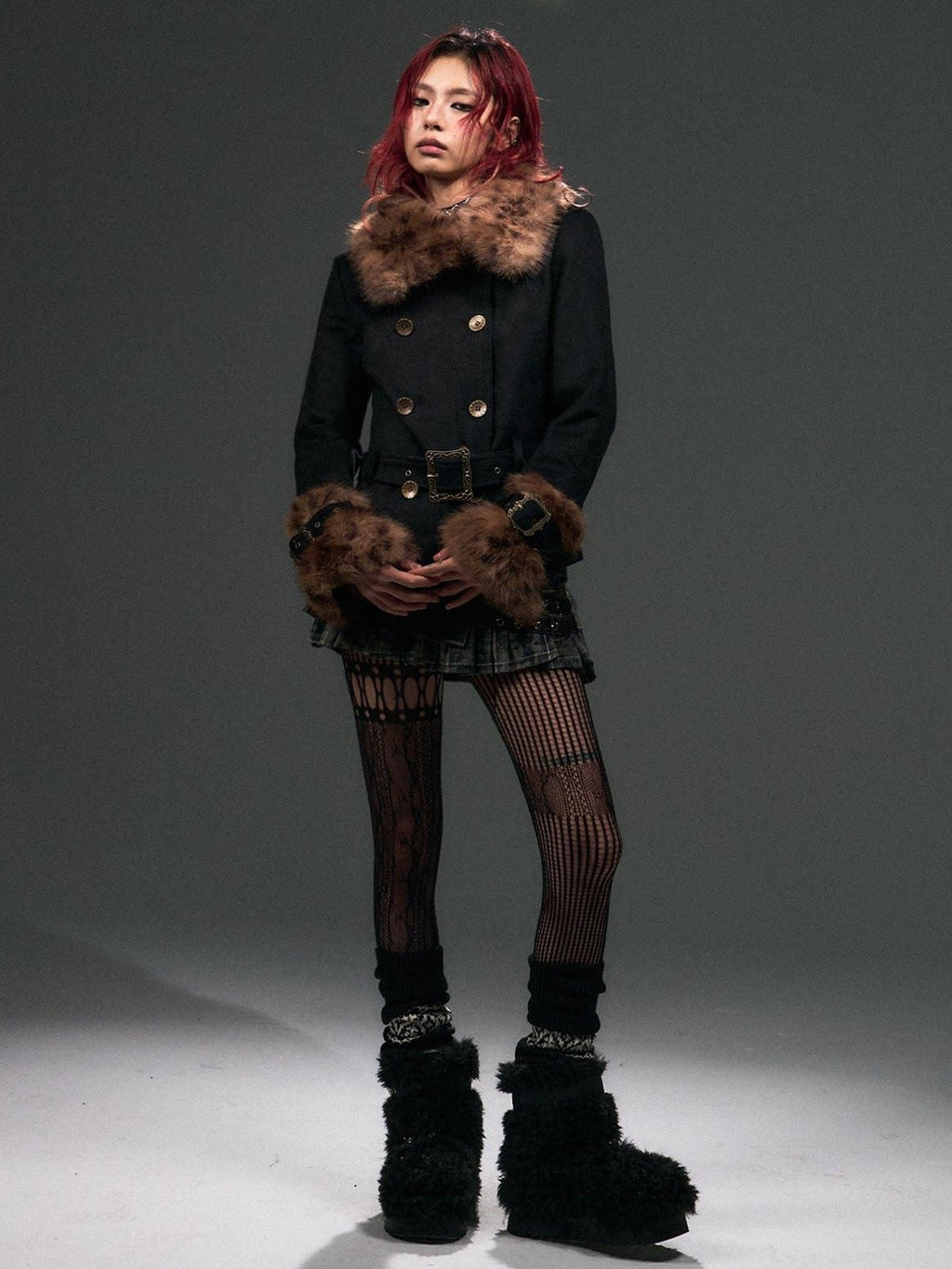 Frustration Garden Wool Blend Belted Fur Collar Vintage Leopard Double Breasted Short Coats