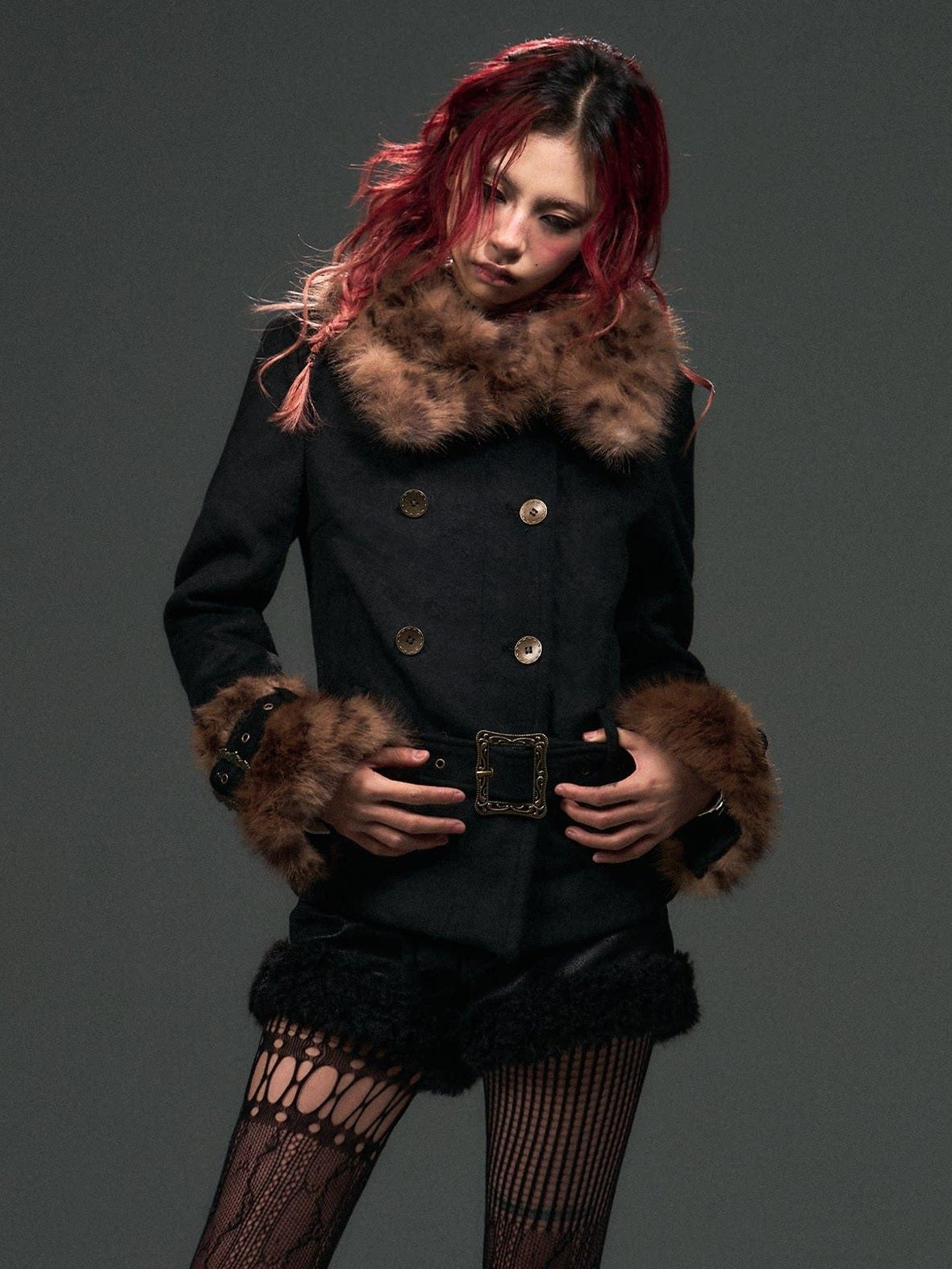 Frustration Garden Wool Blend Belted Fur Collar Vintage Leopard Double Breasted Short Coats