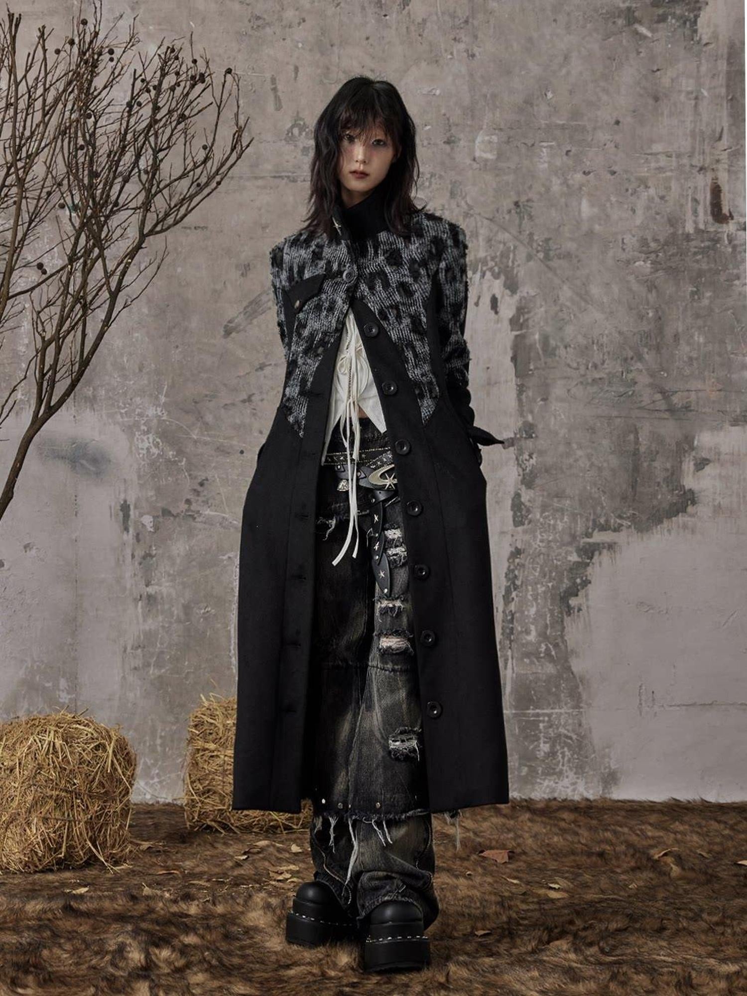 Frustration Garden Wool Blend Jacquard Patchwork Slim Vintage Bell Sleeve Long Coats