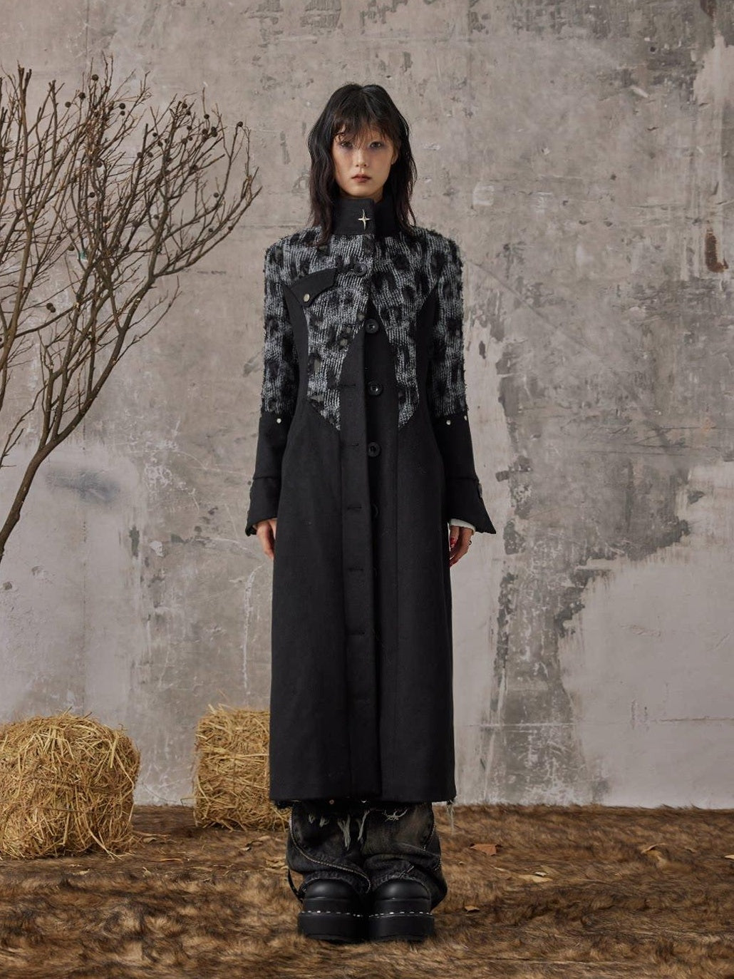 Frustration Garden Wool Blend Jacquard Patchwork Slim Vintage Bell Sleeve Long Coats