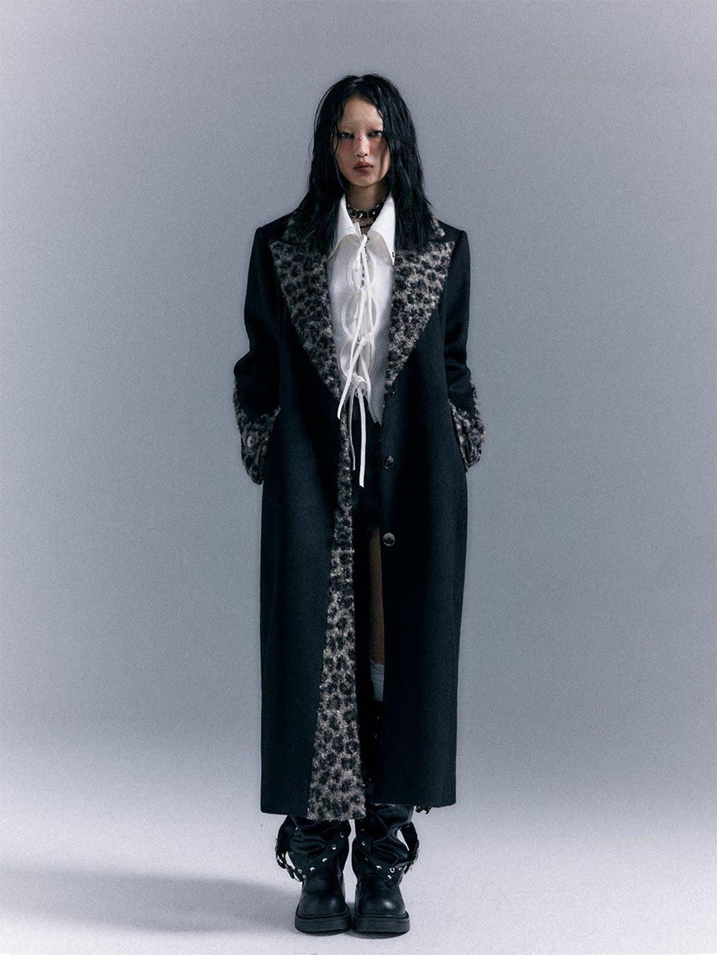 Frustration Garden Wool Blend Thick Patchwork Asymmetric Notched Lapel Women Black Long Coats