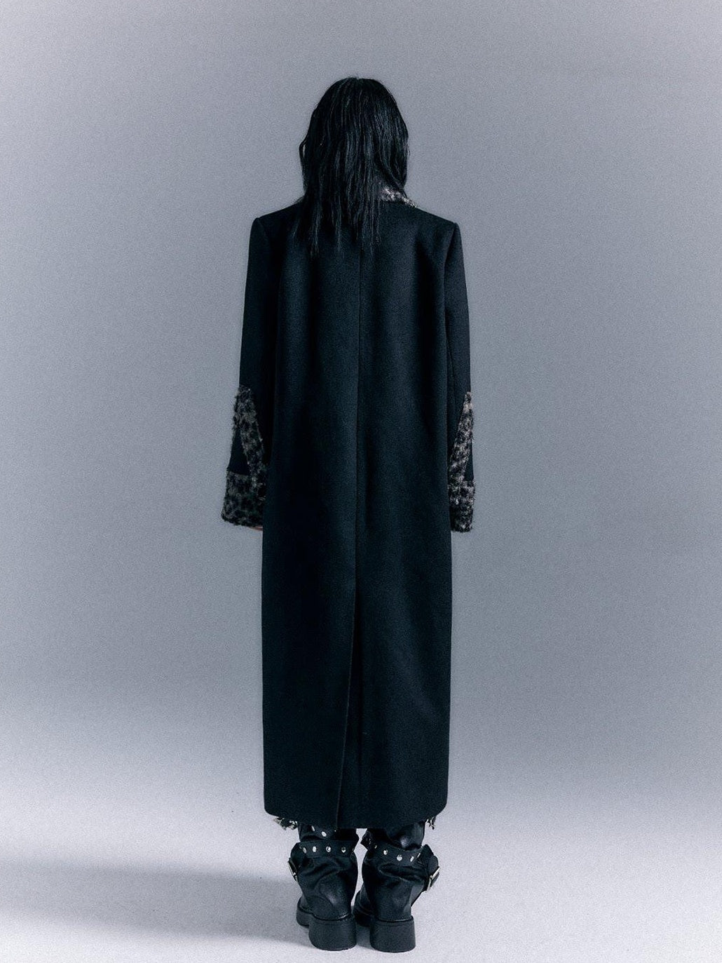Frustration Garden Wool Blend Thick Patchwork Asymmetric Notched Lapel Women Black Long Coats