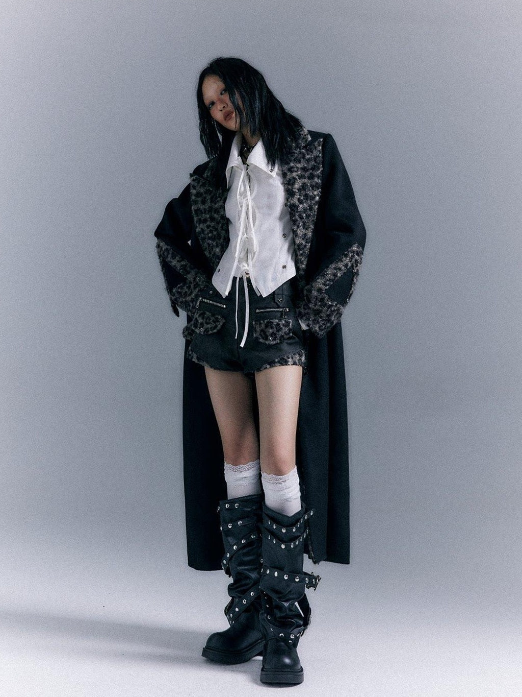 Frustration Garden Wool Blend Thick Patchwork Asymmetric Notched Lapel Women Black Long Coats