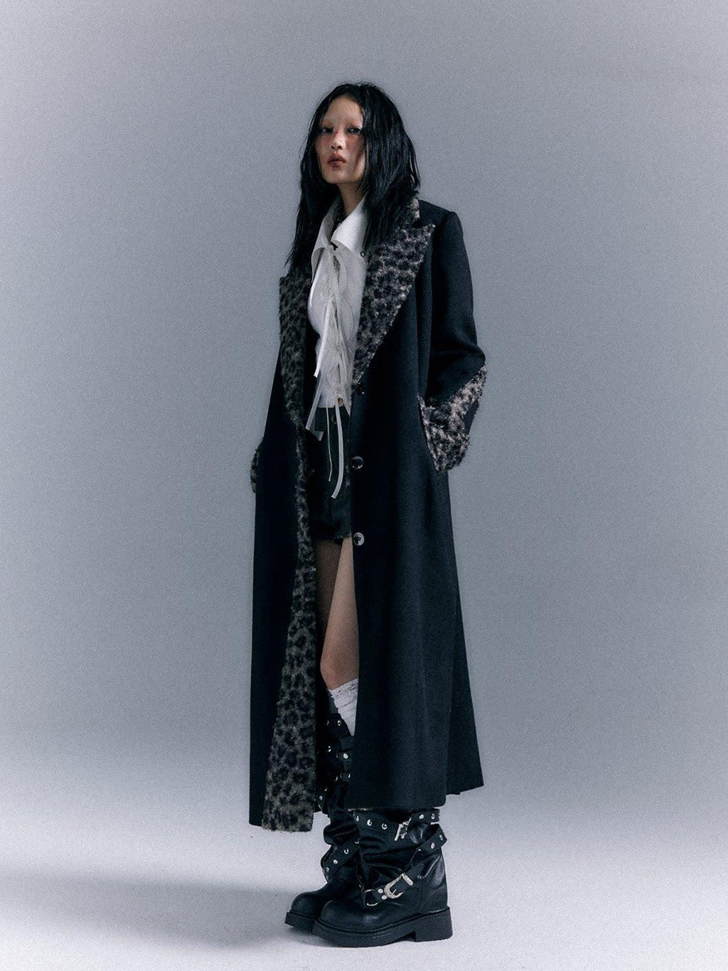 Frustration Garden Wool Blend Thick Patchwork Asymmetric Notched Lapel Women Black Long Coats