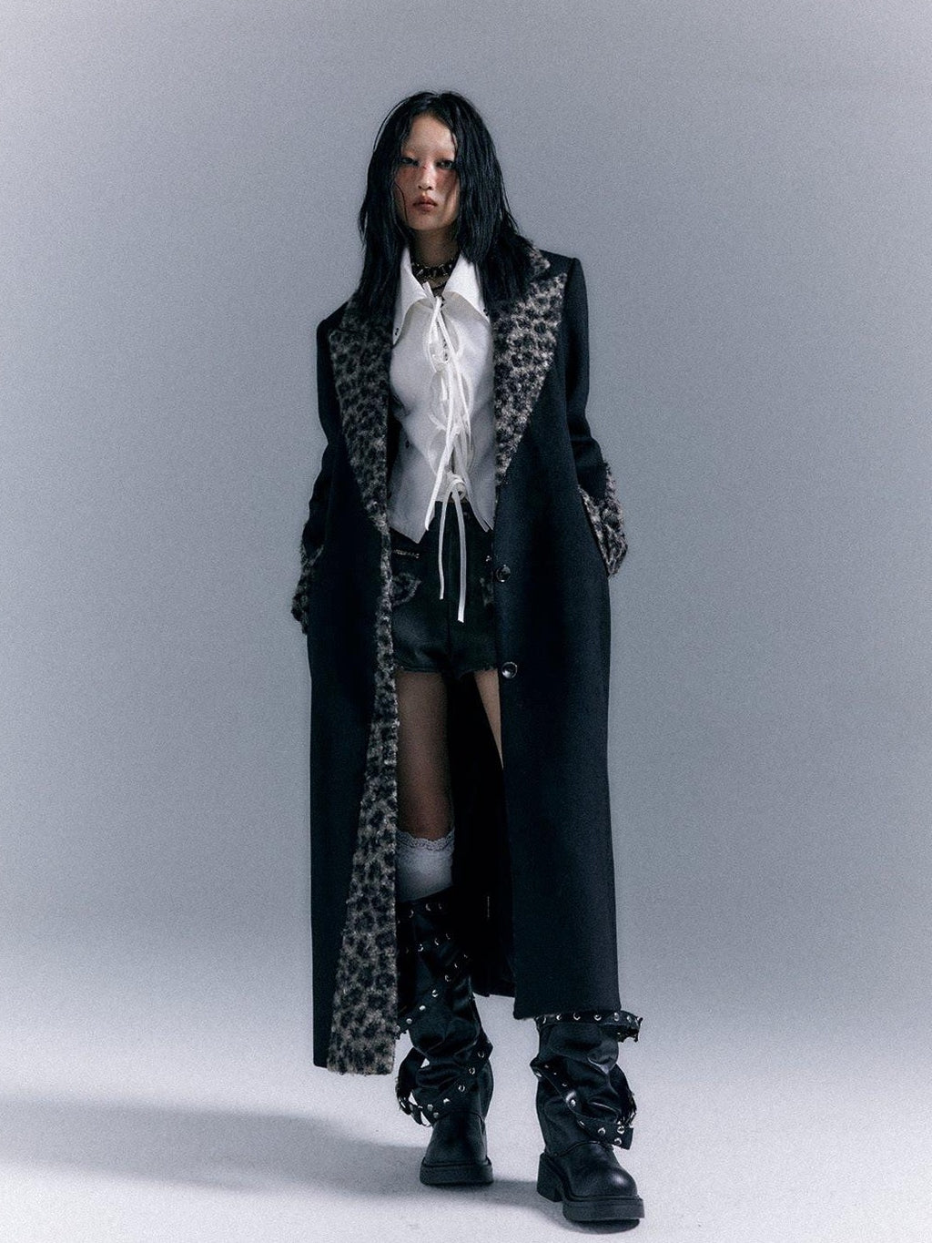 Frustration Garden Wool Blend Thick Patchwork Asymmetric Notched Lapel Women Black Long Coats