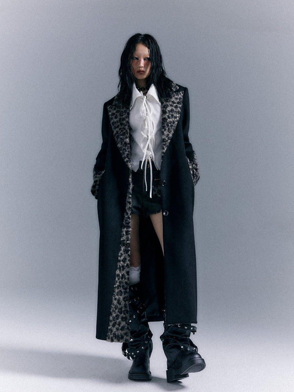 Frustration Garden Wool Blend Thick Patchwork Asymmetric Notched Lapel Women Black Long Coats