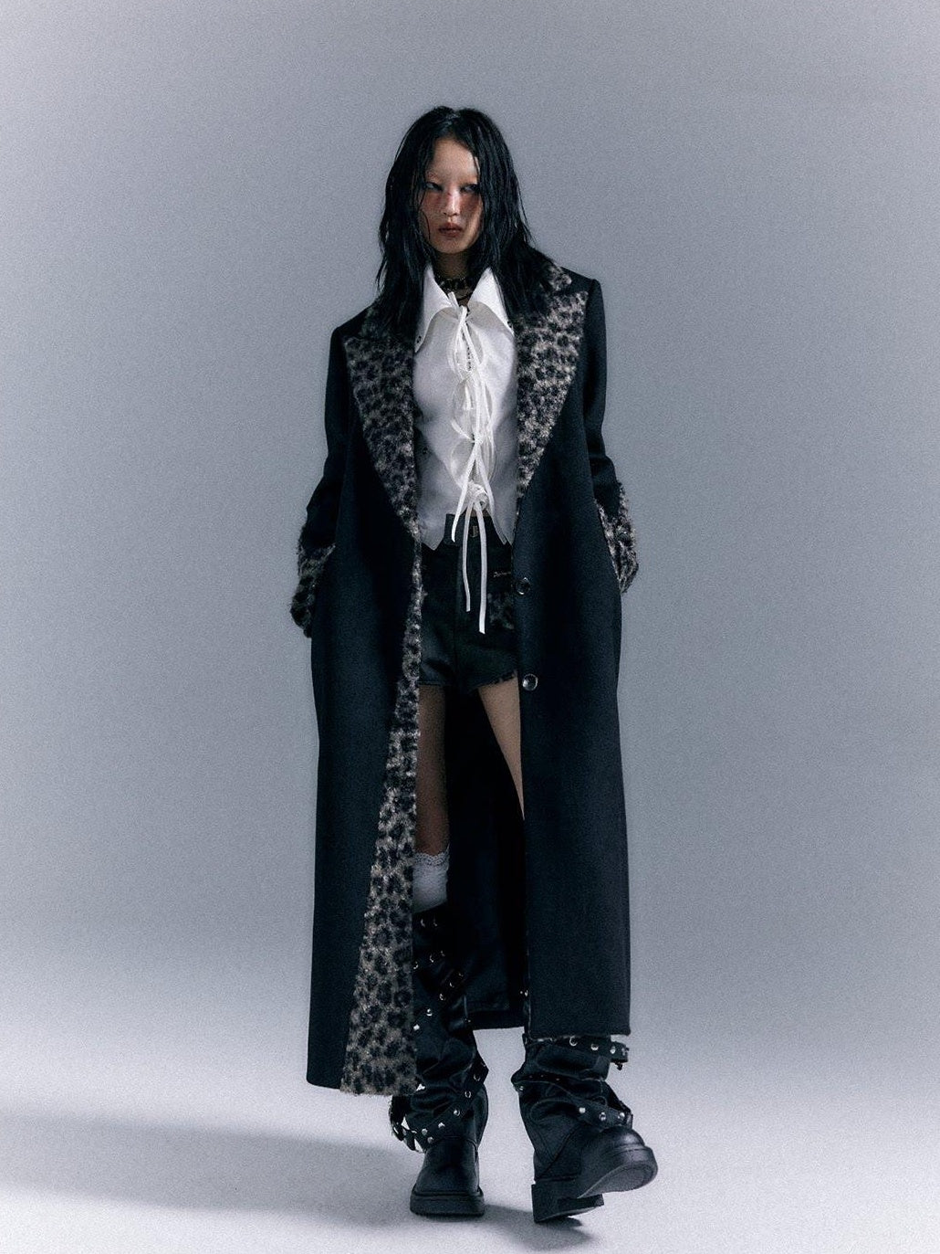 Frustration Garden Wool Blend Thick Patchwork Asymmetric Notched Lapel Women Black Long Coats