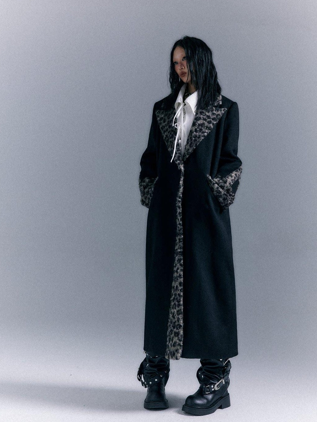 Frustration Garden Wool Blend Thick Patchwork Asymmetric Notched Lapel Women Black Long Coats