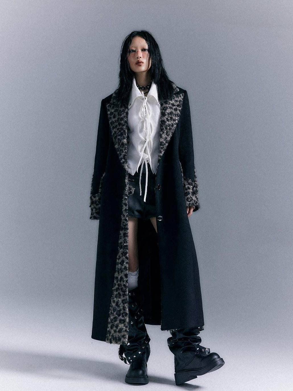Frustration Garden Wool Blend Thick Patchwork Asymmetric Notched Lapel Women Black Long Coats