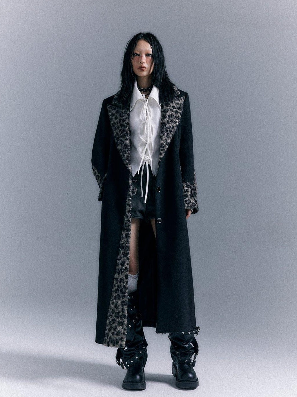 Frustration Garden Wool Blend Thick Patchwork Asymmetric Notched Lapel Women Black Long Coats
