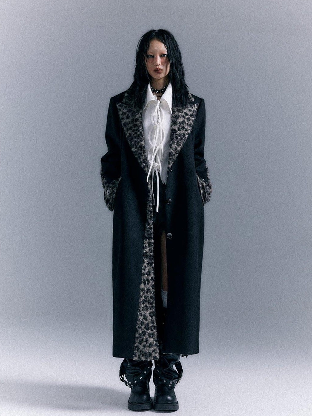 Frustration Garden Wool Blend Thick Patchwork Asymmetric Notched Lapel Women Black Long Coats
