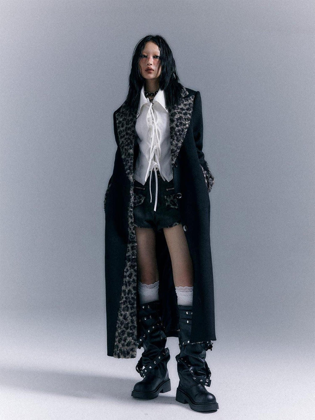 Frustration Garden Wool Blend Thick Patchwork Asymmetric Notched Lapel Women Black Long Coats