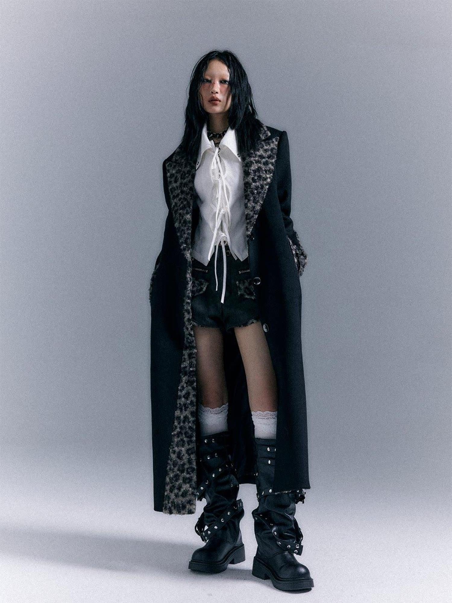 Frustration Garden Wool Blend Thick Patchwork Asymmetric Notched Lapel Women Black Long Coats
