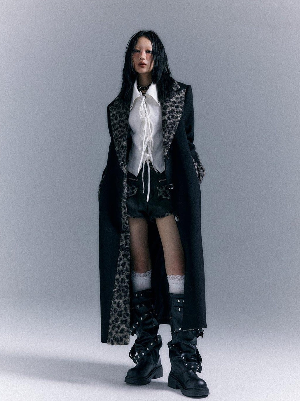 Frustration Garden Wool Blend Thick Patchwork Asymmetric Notched Lapel Women Black Long Coats