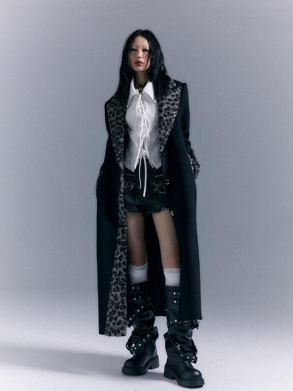 Frustration Garden Wool Blend Thick Patchwork Asymmetric Notched Lapel Women Black Long Coats