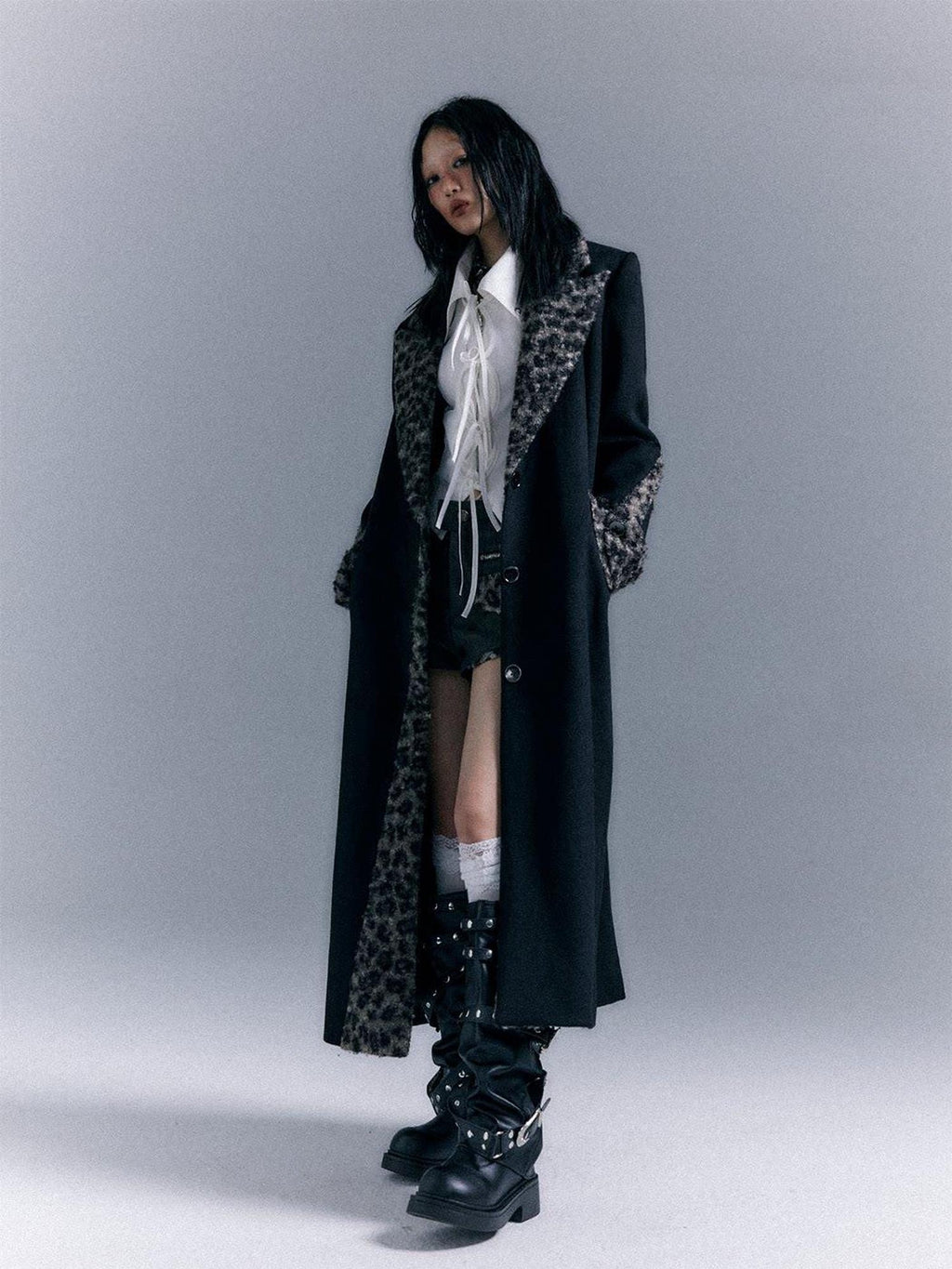 Frustration Garden Wool Blend Thick Patchwork Asymmetric Notched Lapel Women Black Long Coats