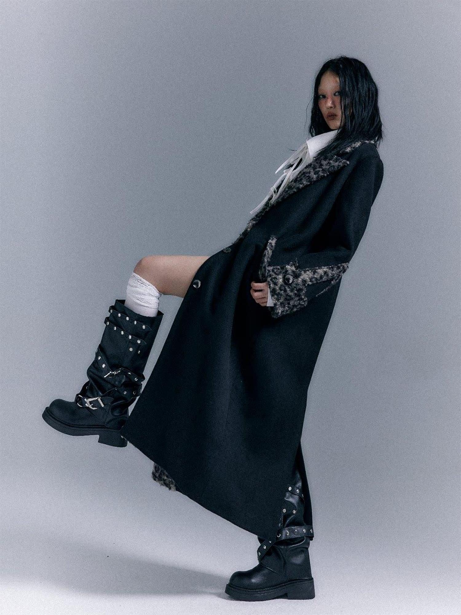 Frustration Garden Wool Blend Thick Patchwork Asymmetric Notched Lapel Women Black Long Coats