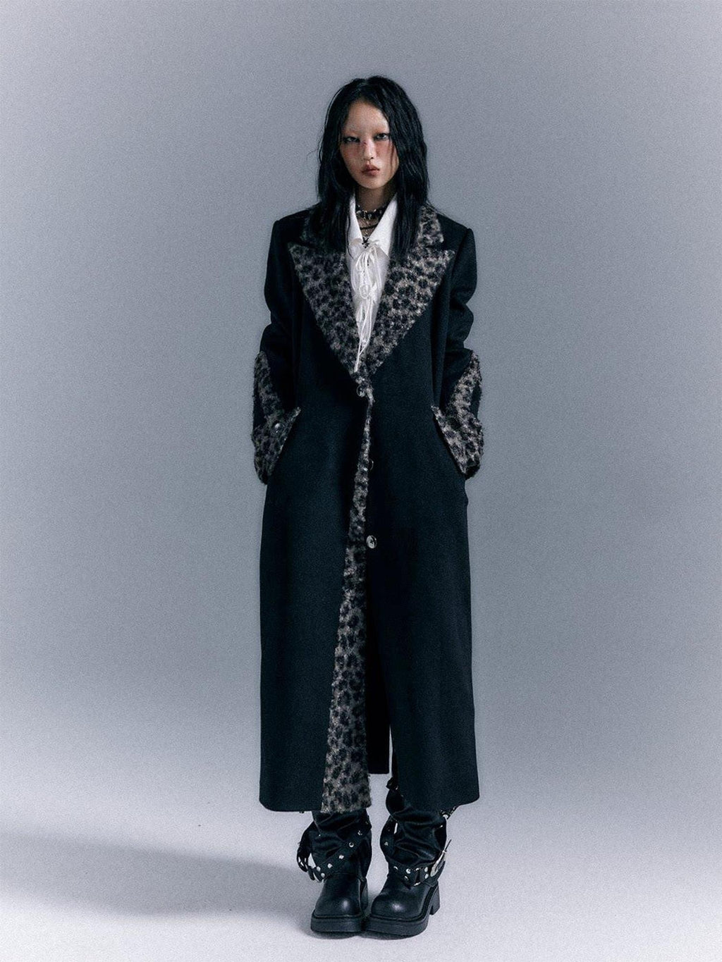 Frustration Garden Wool Blend Thick Patchwork Asymmetric Notched Lapel Women Black Long Coats