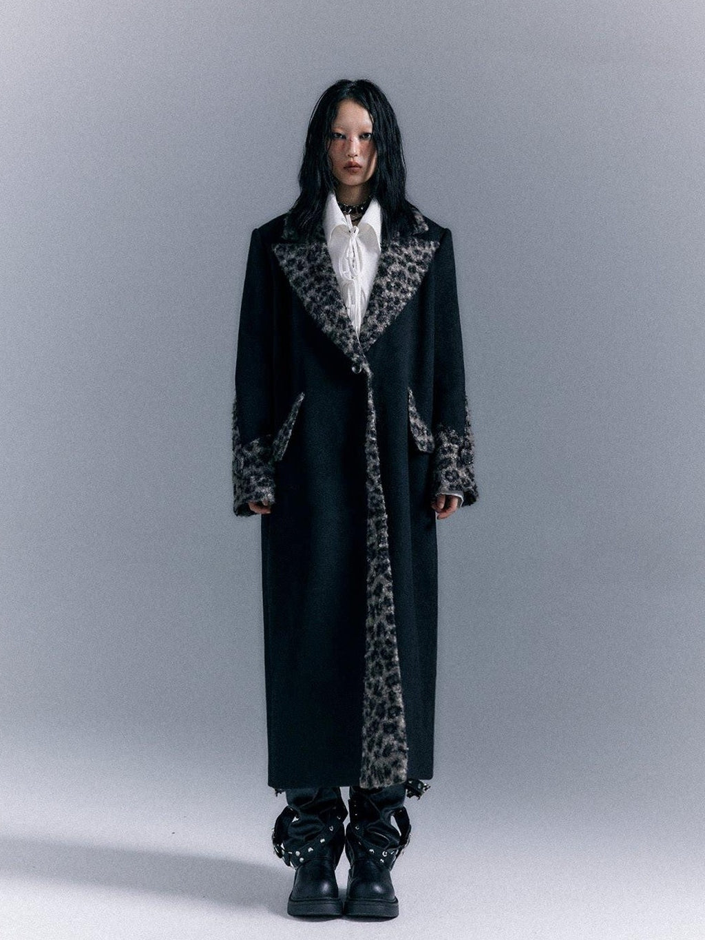 Frustration Garden Wool Blend Thick Patchwork Asymmetric Notched Lapel Women Black Long Coats