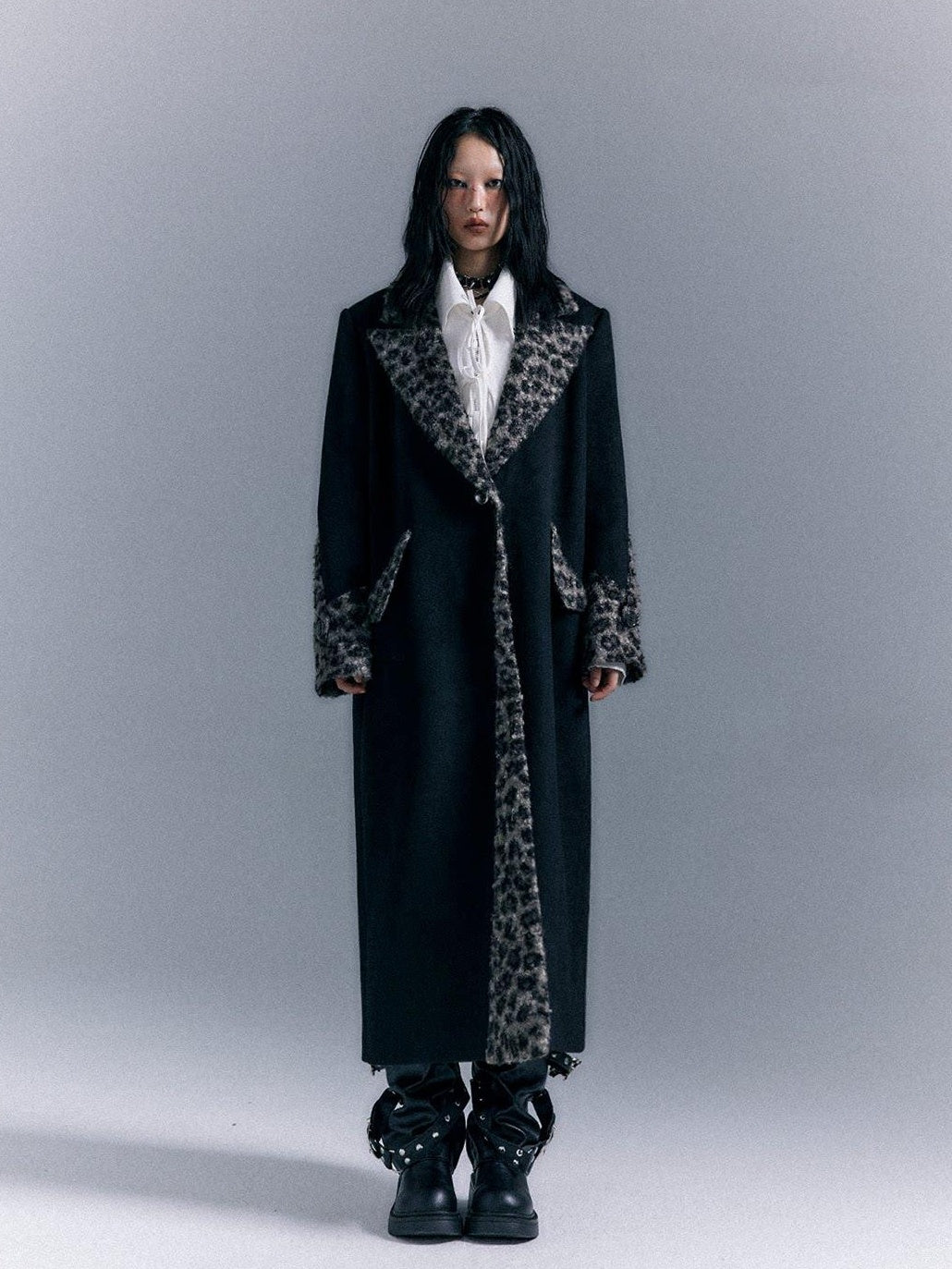 Frustration Garden Wool Blend Thick Patchwork Asymmetric Notched Lapel Women Black Long Coats