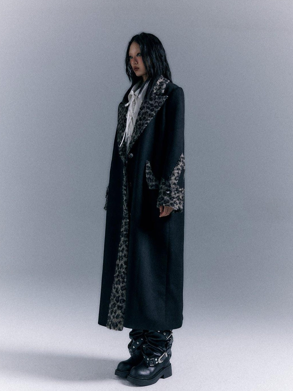 Frustration Garden Wool Blend Thick Patchwork Asymmetric Notched Lapel Women Black Long Coats