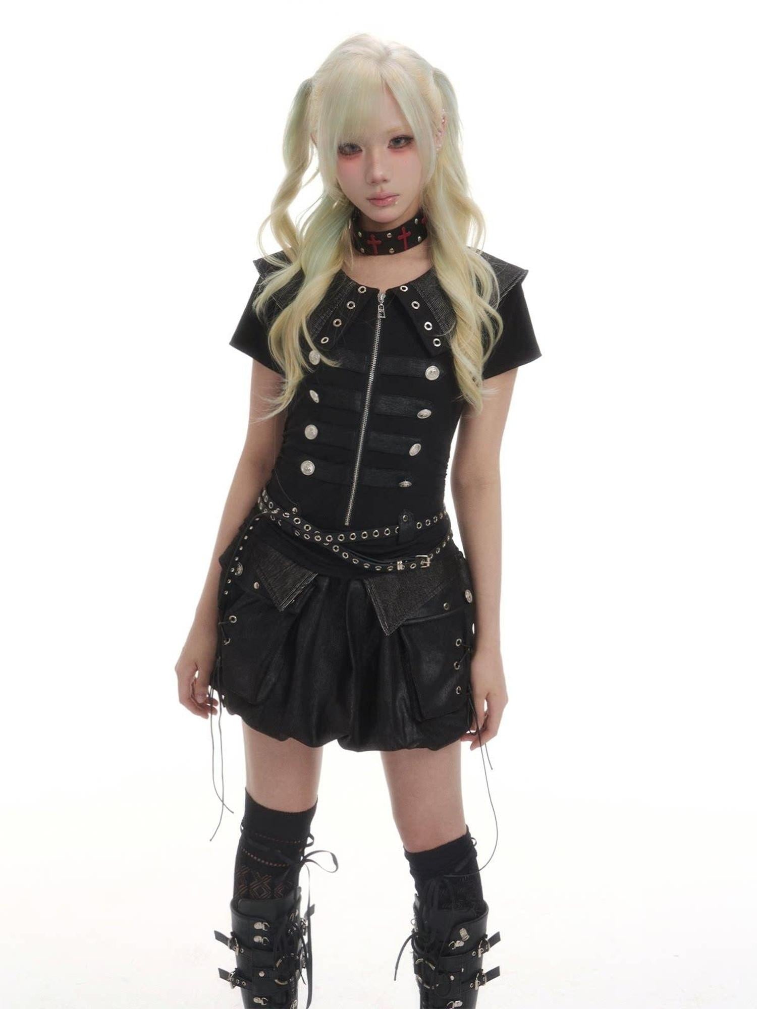 Frustration Garden Zippered Large Pocket Court Aline Bubble Black Short Sleeve Casual Mini Dresses