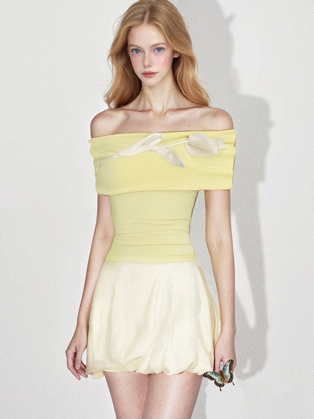 GGLOYDIUS_3d_Floral_Off_Shoulder_Yellow_Women's_Silk_Casual_Top_&_Skirt_Sets_920463115863_MISSTT