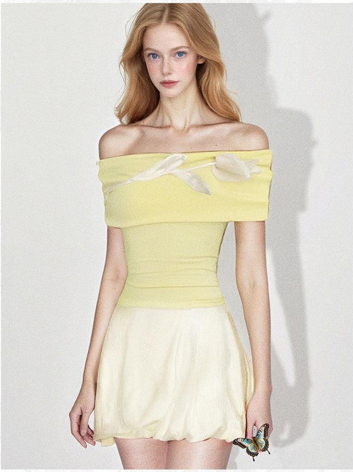 GGLOYDIUS 3d Floral Off Shoulder Yellow Women's Silk Casual Top & Skirt Sets