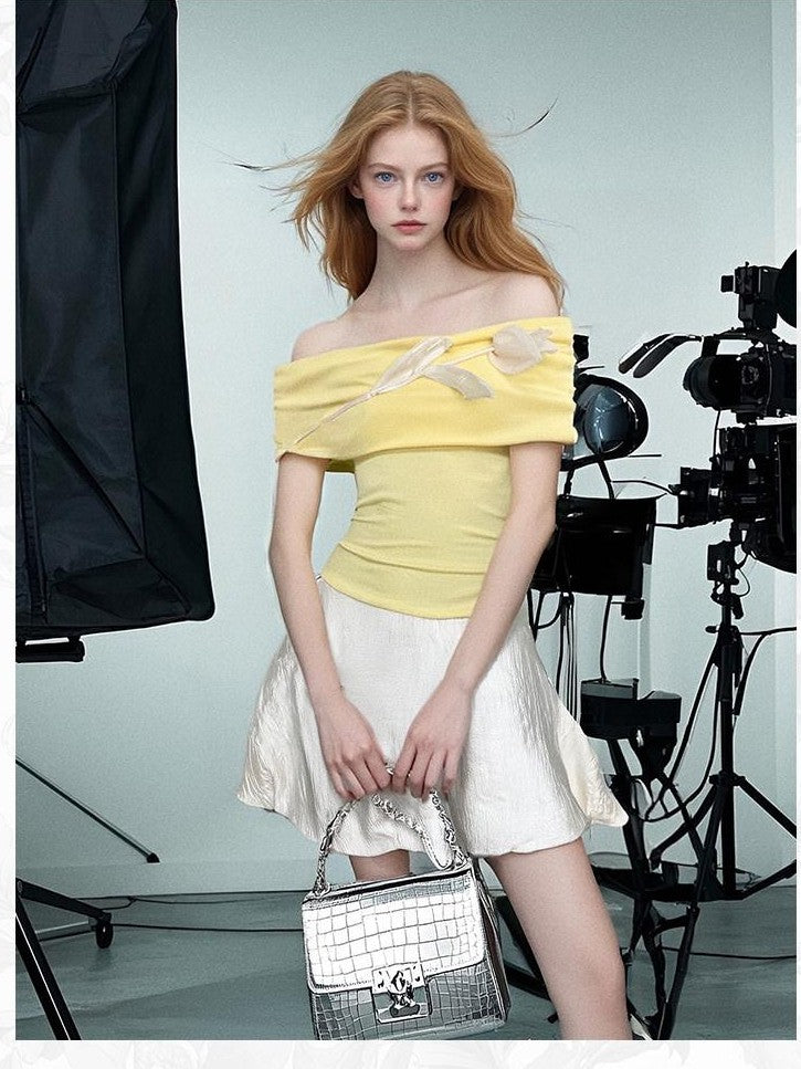 GGLOYDIUS 3d Floral Off Shoulder Yellow Women's Silk Casual Top & Skirt Sets