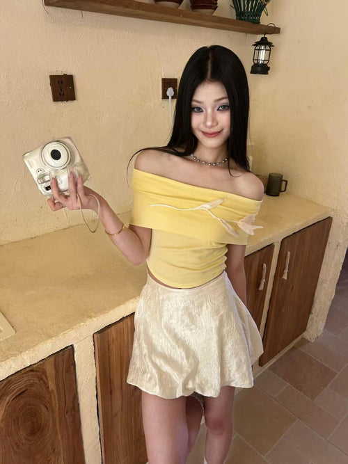 GGLOYDIUS 3d Floral Off Shoulder Yellow Women's Silk Casual Top & Skirt Sets