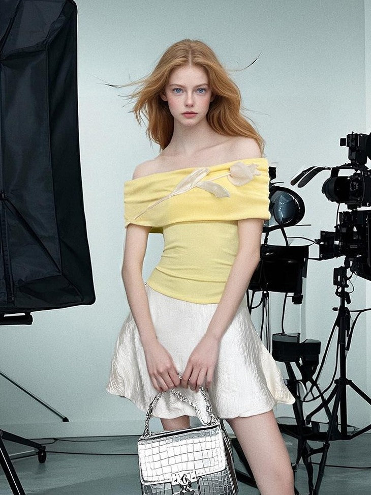 GGLOYDIUS 3d Floral Off Shoulder Yellow Women's Silk Casual Top & Skirt Sets