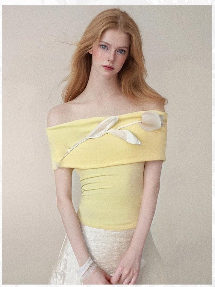 GGLOYDIUS 3d Floral Off Shoulder Yellow Women's Silk Casual Top & Skirt Sets