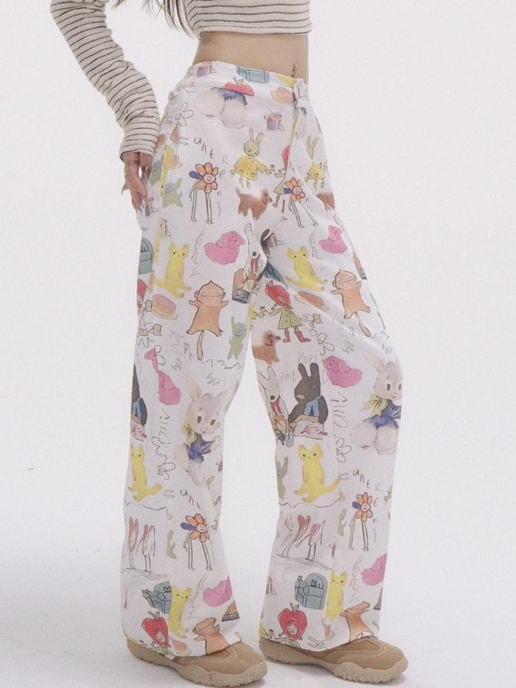 GGLOYDIUS Animal Cartoon Print High Waist Women's Cotton Wide-leg Pants